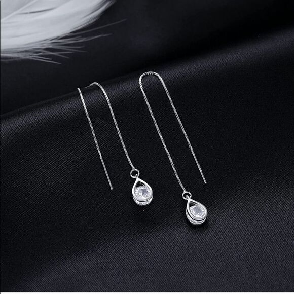 925 Sterling Silver Crystal CZ Tassel Chain Dangle Earrings - Picture 2 of 5